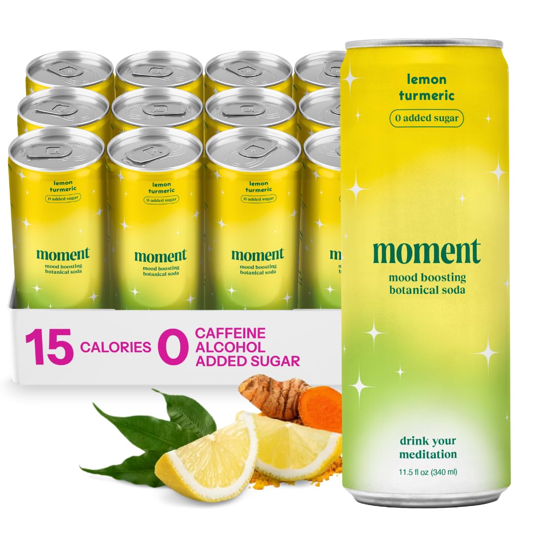 Moment Botanical Soda Soft Drink (Shark Tank) - SPARKLING Non Alcoholic Drinks | Lemon Turmeric | | L-Theanine & Ashwagandha for Calm & Clarity | 0 Added Sugar 0 Caffeine | 12-pack