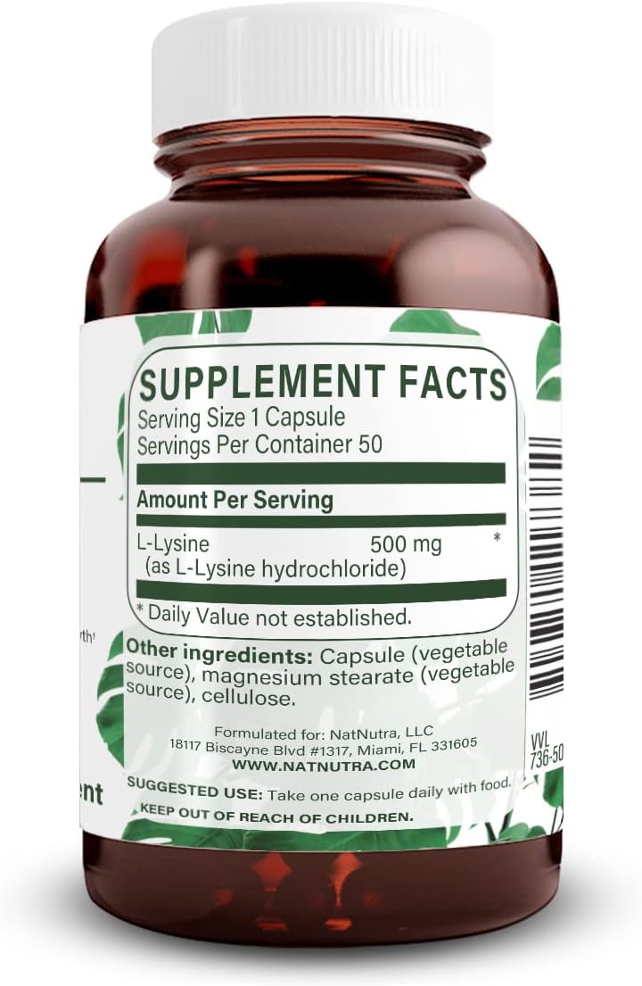 Natural Nutra L Lysine HCl, Promotes Bone Health and Growth, Support Skin Health, Improve Vitamin C Absorption, Helps Built Collagen, Improve Calcium Absorption, Non-GMO, Vegan, 500 mg, 50 Capsules.