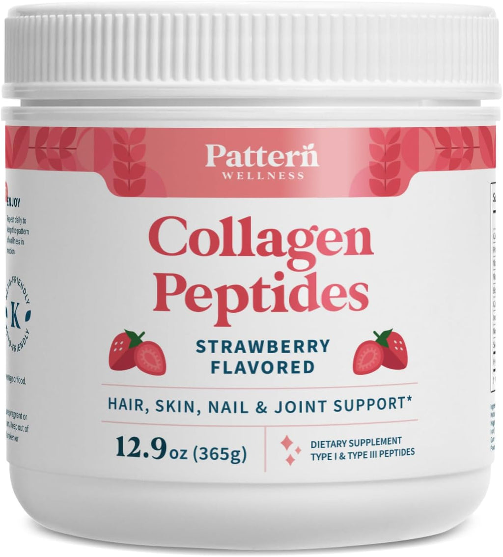 Pattern Wellness Collagen Peptides Powder (Type I & III) - Hair, Nails, Skin and Joint Health - Grass Fed & Pasture Raised - Hydrolyzed Collagen, Non-GMO, Dairy Free, & Keto - Strawberry (13 Oz)