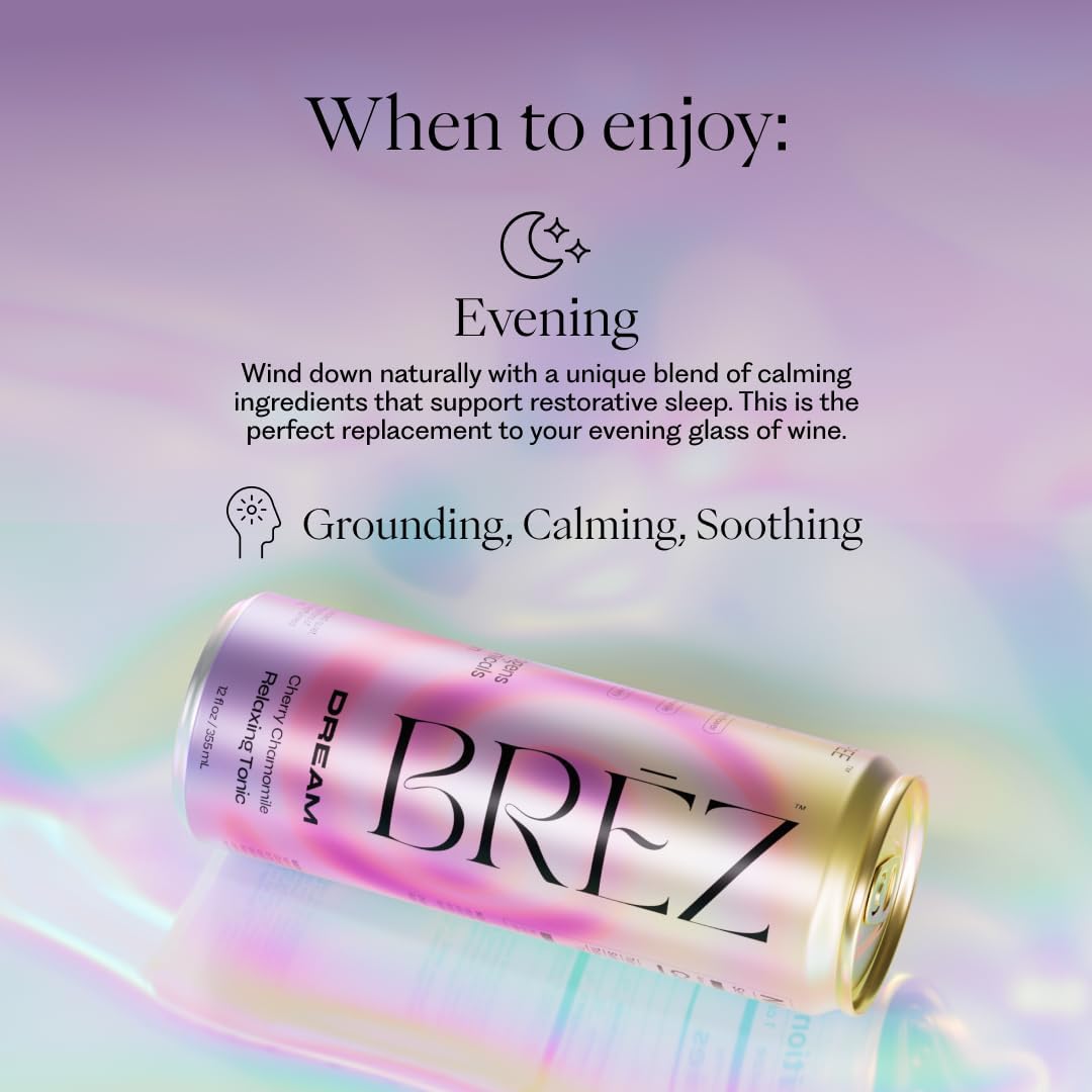 BRĒZ Dream Reishi Mushroom Drink, Non-Infused Relaxing Tonic with Reishi, Chamomile, Tart Cherry, Magnesium & L-Theanine, Vegan Adaptogen Drink for Sleep, Calm & Mood, 12 fl oz - 8 Pack