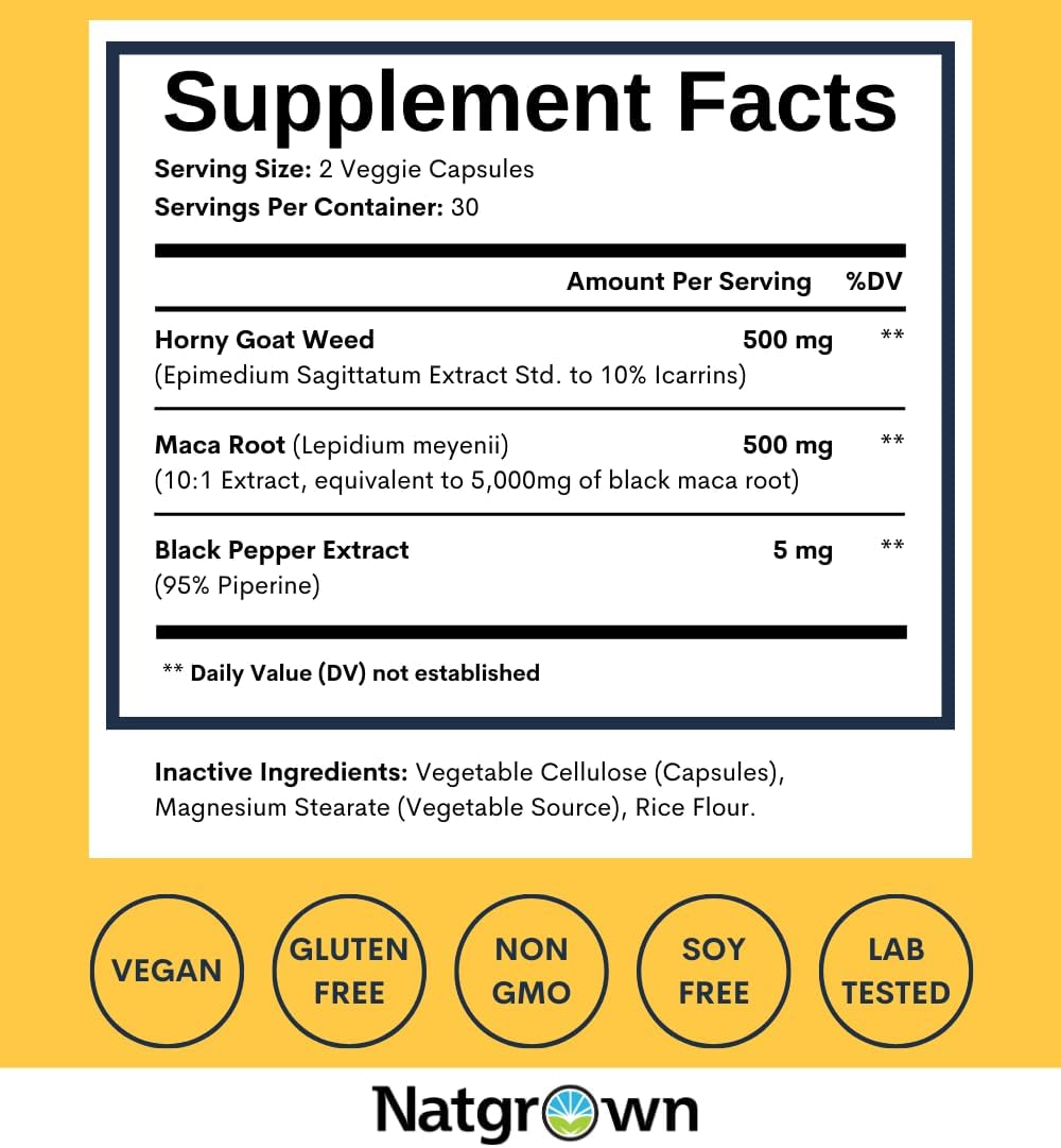 Natgrown Horny Goat Weed and Maca Root Extract Supplement for Men & Women (Epimedium Extract, Hornygoatweed) Vegan Capsules - 60 Ct