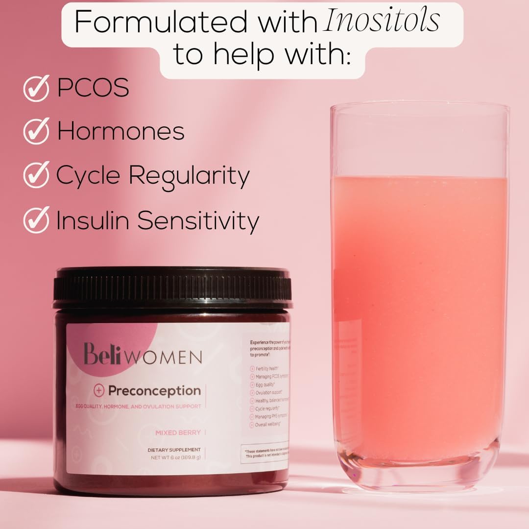 Beli Preconception Supplement for Fertility, Egg Quality, PCOS, Hormones, and Ovulation. Berry Flavored Drink Mix Powder - Support for PCOS & PMS. Made with Inositols, CoQ10, Acai, NAC and More.