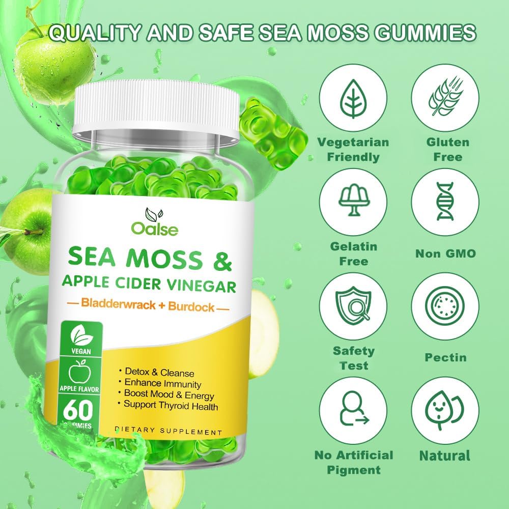 Sea Moss Gummies -Apple Cider Vinegar, Bladderwrack, Burdock Root - Supports Immune Health,60 Ct