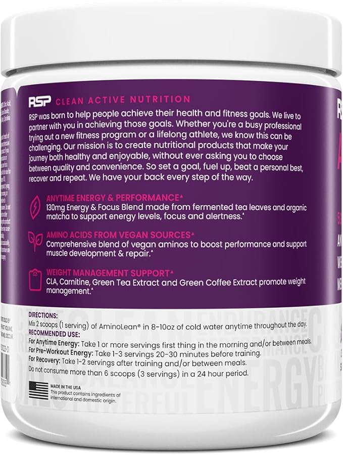 RSP NUTRITION AminoLean Pre Workout Powder, Amino Energy & Weight Management with Vegan BCAA Amino Acids, Natural Caffeine, Preworkout Boost for Men & Women, 30 Serv