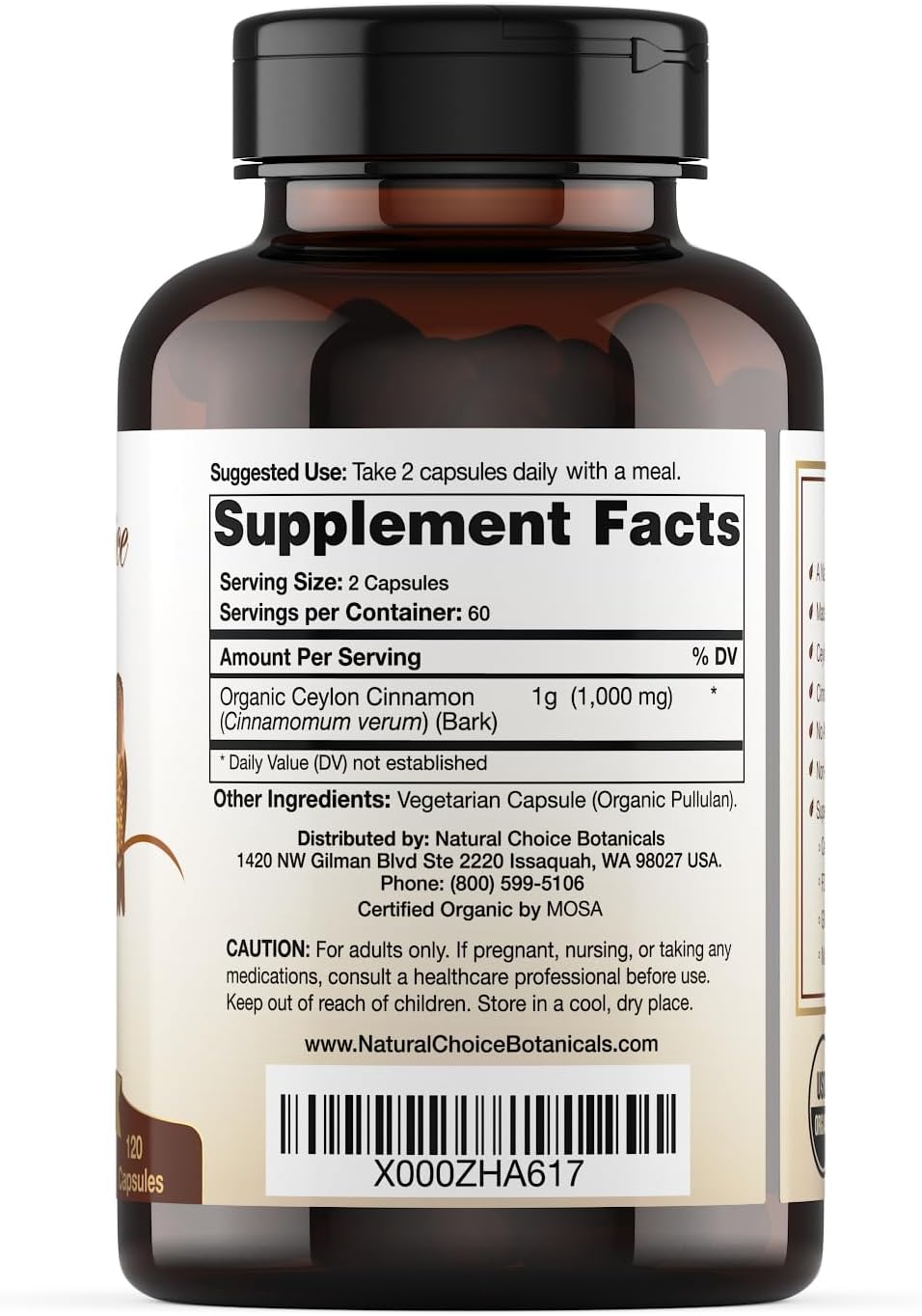 USDA Certified Organic Ceylon Cinnamon Capsules, Non-GMO Verified Supplement - 120 Capsules, 2 Month Supply