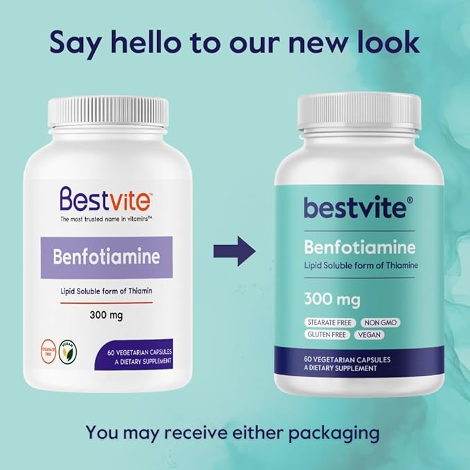 Benfotiamine 300mg (60 Vegetarian Capsules) No Stearates - No Silicon Dioxide - Vegan - Non GMO - Gluten Free