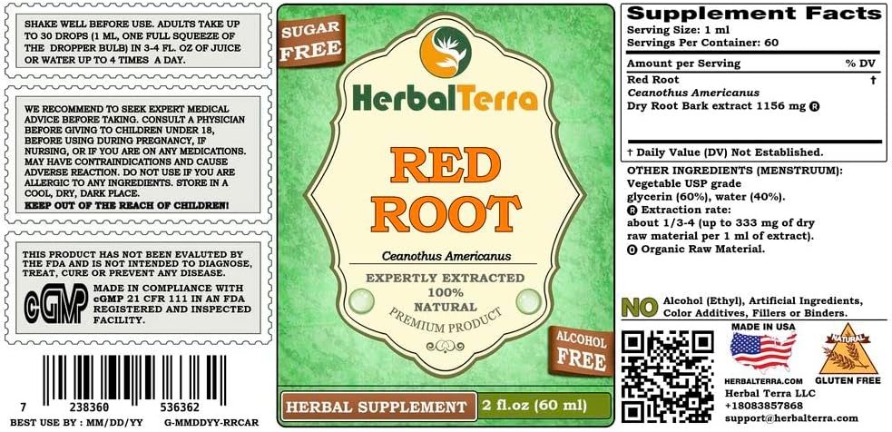 Red Root (Ceanothus Americanus) Glycerite, Dried Root Bark Alcohol-Free Liquid Extract 2 oz