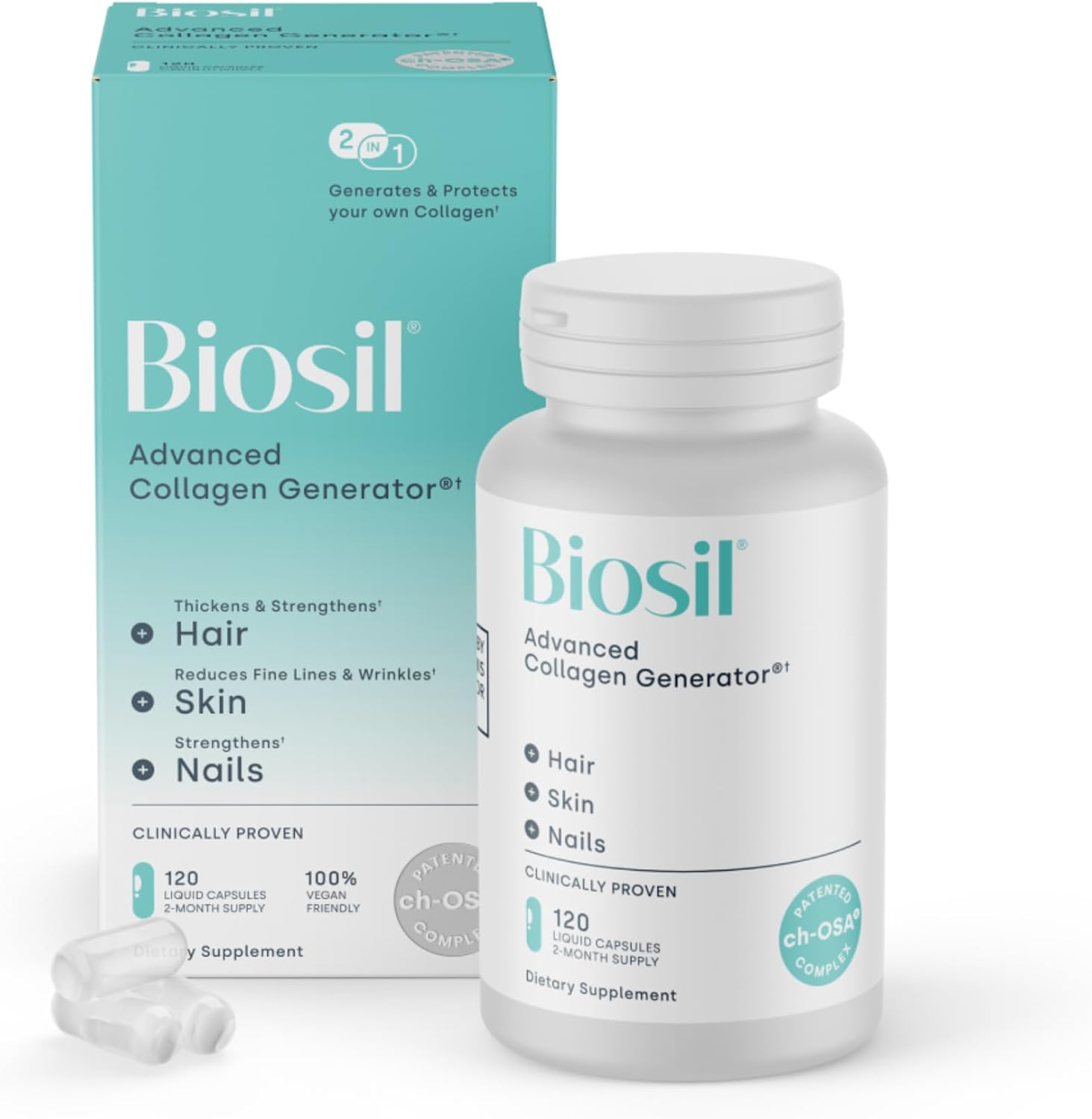 Biosil Collagen Booster Supplement - 120 Liquid Capsules - Patented ch-OSA Activator for Skin, Hair, Nails & Joints - Supports Natural Production - 60-Day Supply