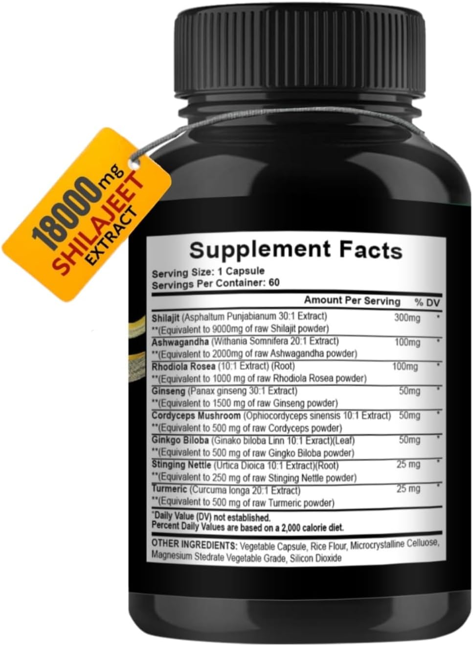 Shilajit Capsules for Men & Women, 8 in 1, with Shilajit 18000 mg, Ashwagandha, Ginseng, Ginkgo, Rhodiola, Cordiceps, Natural Energy & Stamina Supplement for Men, 60 Capsules.