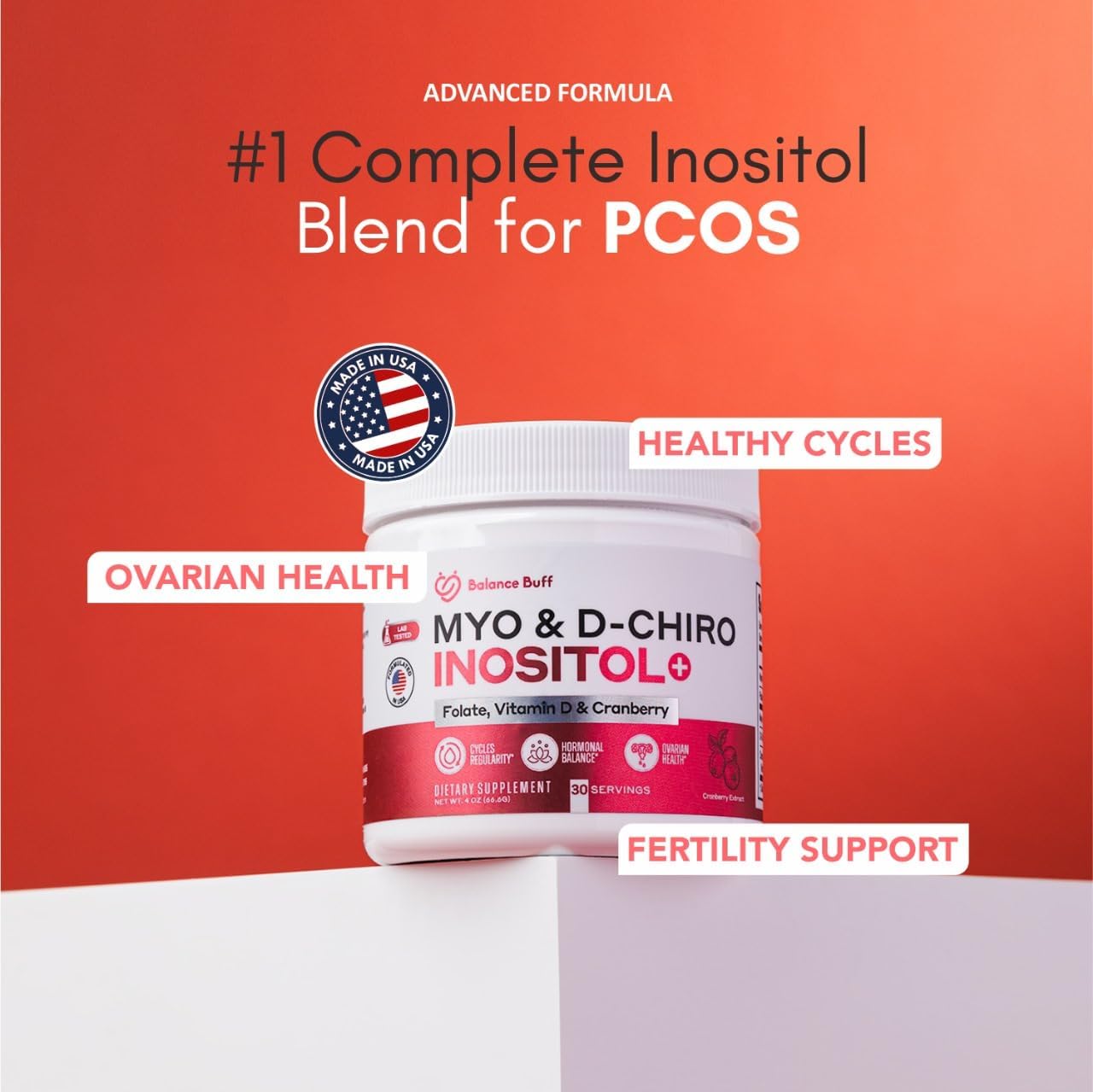 Inositol Supplement for Women | Myo-Inositol & D- Chiro Inositol Plus Folate and Vitamin D and Cranberry | Ideal 40:1 Ratio | Vitamin B8 - Powder - 30 Day Supply