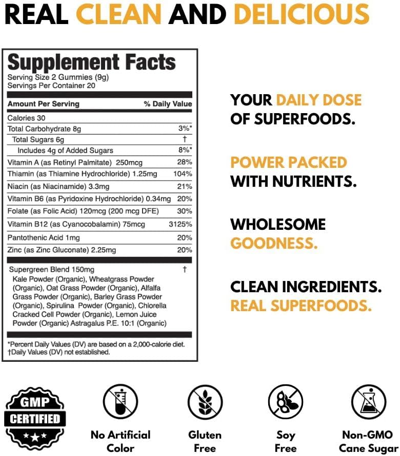 JUGO Energy + SUPERFOODS | Vitamin B12 Gummies with Kale & Super Greens | 40 Count Caffeine-Free Energy Gummies | Plant-Based, Gelatin-Free, Non-GMO, Made in USA