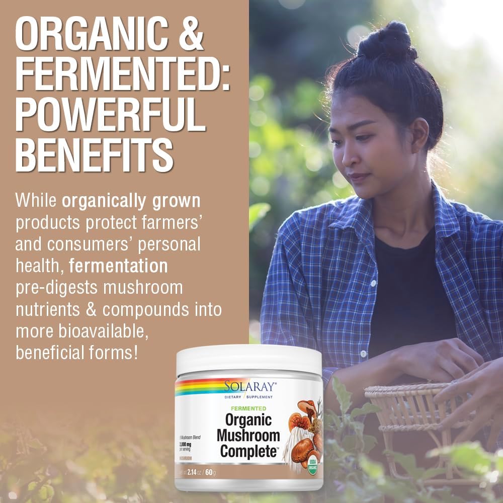 SOLARAY Fermented Organic Mushroom Complete, Powder | Healthy Immune Function Support | 2,000 mg per serv. | 60g, 30 Serv
