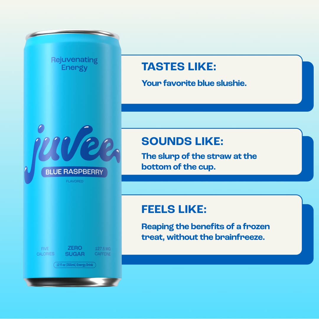 Juvee Rejuvenating Energy Drink. Sugar Free Energy Drinks. Taurine, Vitamin B12, Vitamin B6. 128 Mg Of Caffeine. L-Theanine For Mood Support. Panax Ginseng For Focus. Vitamin C For Immune Support. Gluten Free 12 oz - 12 Pack - Blue Raspberry