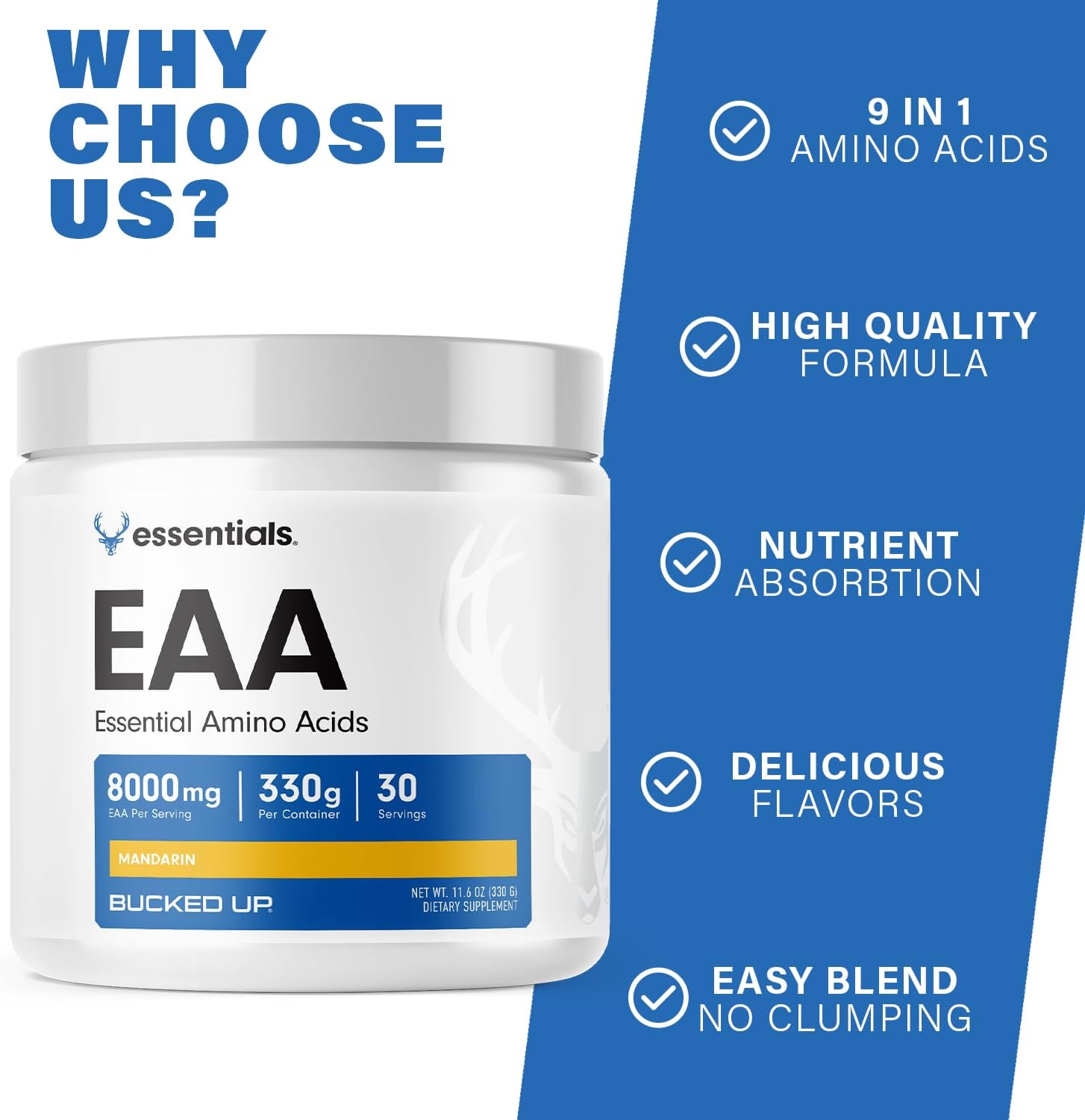 Bucked Up Essential Amino Acids - EAA Powder - Easy Mix, Non Clumping Formula - for Pre/Intra Workout - Mandarin Flavor - 30 Servings - 11.6 oz