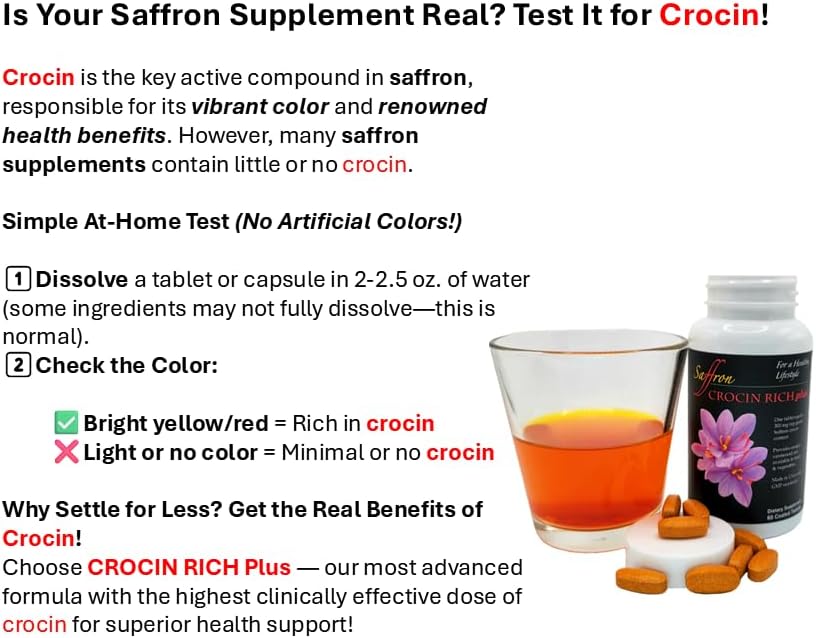 CROCIN RICH Plus: Memory, Focus, Clarity, & Vitality - Patented High Potency Brain Supplement for Cognitive & Motor Support, Balance, Mood, Sleep Quality - Neuroprotection, Healthy Aging - 60 Tablets
