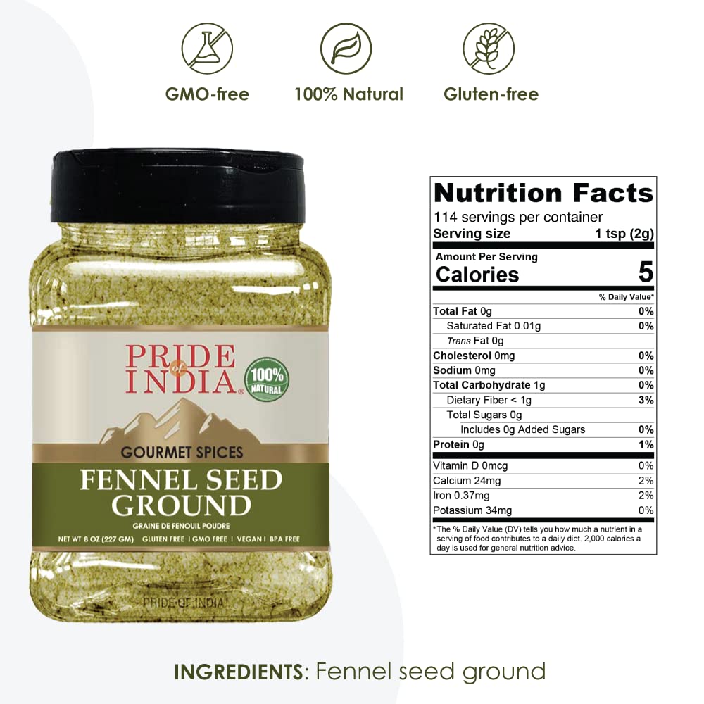 Pride Of India - PACK of 6 - Fennel Seed Ground – Natural & Gourmet Spice – Perfect Addition to Tea/Drinks/Roast/Rubs/Bakes/ - Cooling Properties – Easy to Store – 8 oz. Medium Dual Sifter Jar