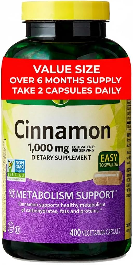 Cinnamon 1000 mg Dietary Supplement – 400 Vegetarian Capsules (6+ Month Supply) – Supports Healthy Metabolism & Wellness – Non-GMO, Gluten Free, No Artificial Colors or Flavors