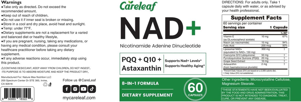 NAD+ Supplement 300mg, Liposomal NAD Boost with PQQ, Astaxanthin, Folic Acid, Vitamin E, High Purity NAD Supplement for Anti-Aging, Cell Longevity, Energy Metabolism - 60 Capsules