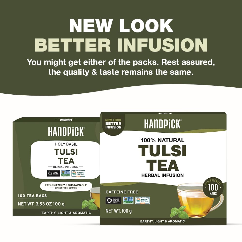 HANDPICK Original Tulsi Tea (100 count) Holy Basil Calming and Stress Relief Tea, Immune Support | Non-GMO, Caffeine-Free Herbal Tea | Ecofriendly Round Tea Bags