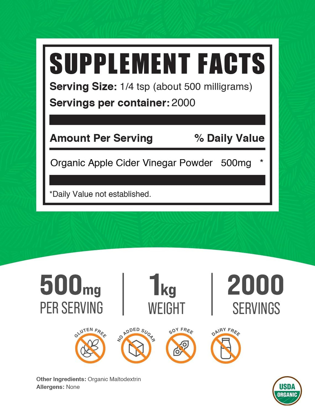 BulkSupplements.com Organic Apple Cider Vinegar Powder - Apple Cider Vinegar Supplement, ACV for Digestive Support - Vegan & Gluten Free, 500mg per Serving, 1kg (2.2 lbs) (Pack of 1)
