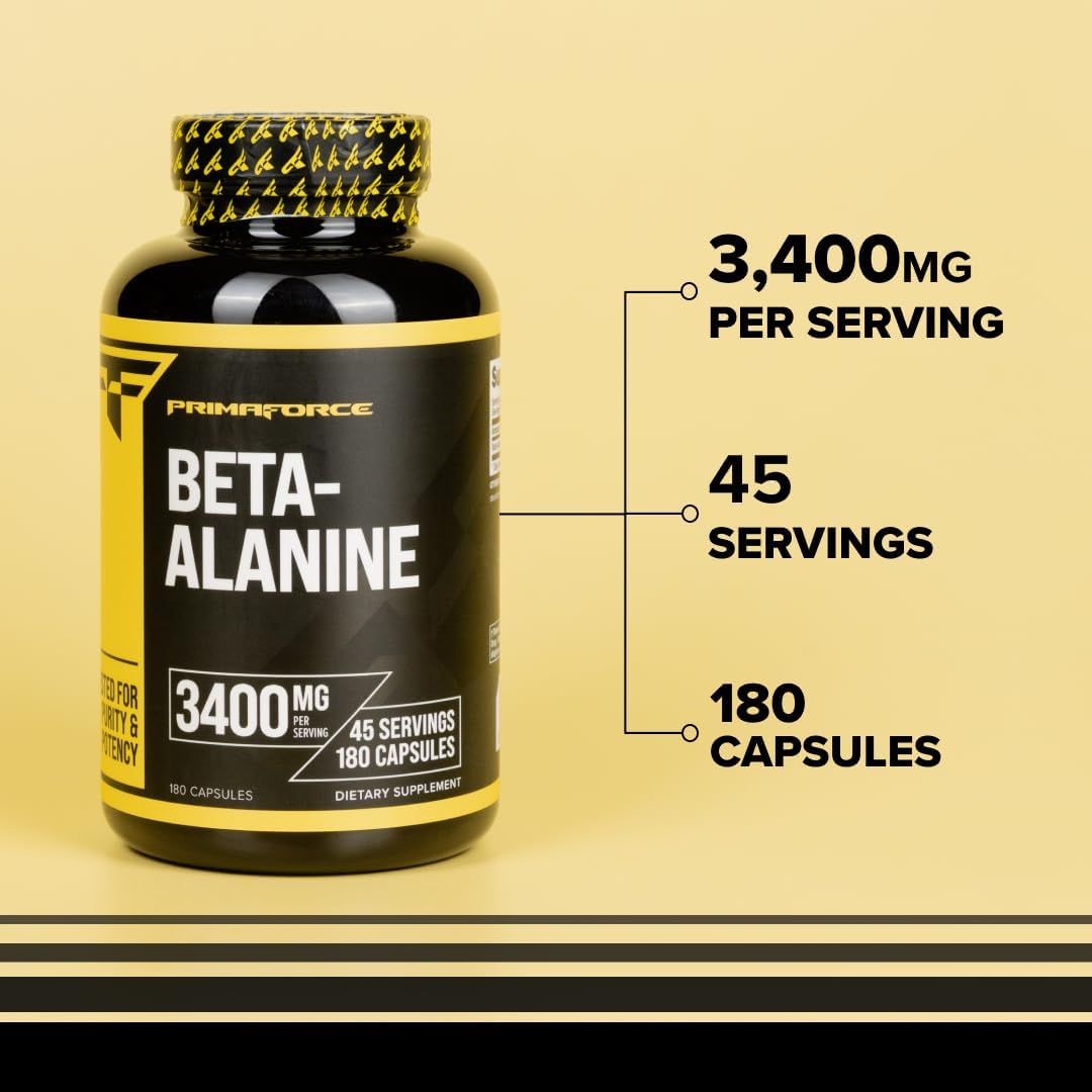 Primaforce Beta Alanine Capsules 3,400mg, 180 Capsules (45 Servings) - Potent Beta-Alanine Supplement