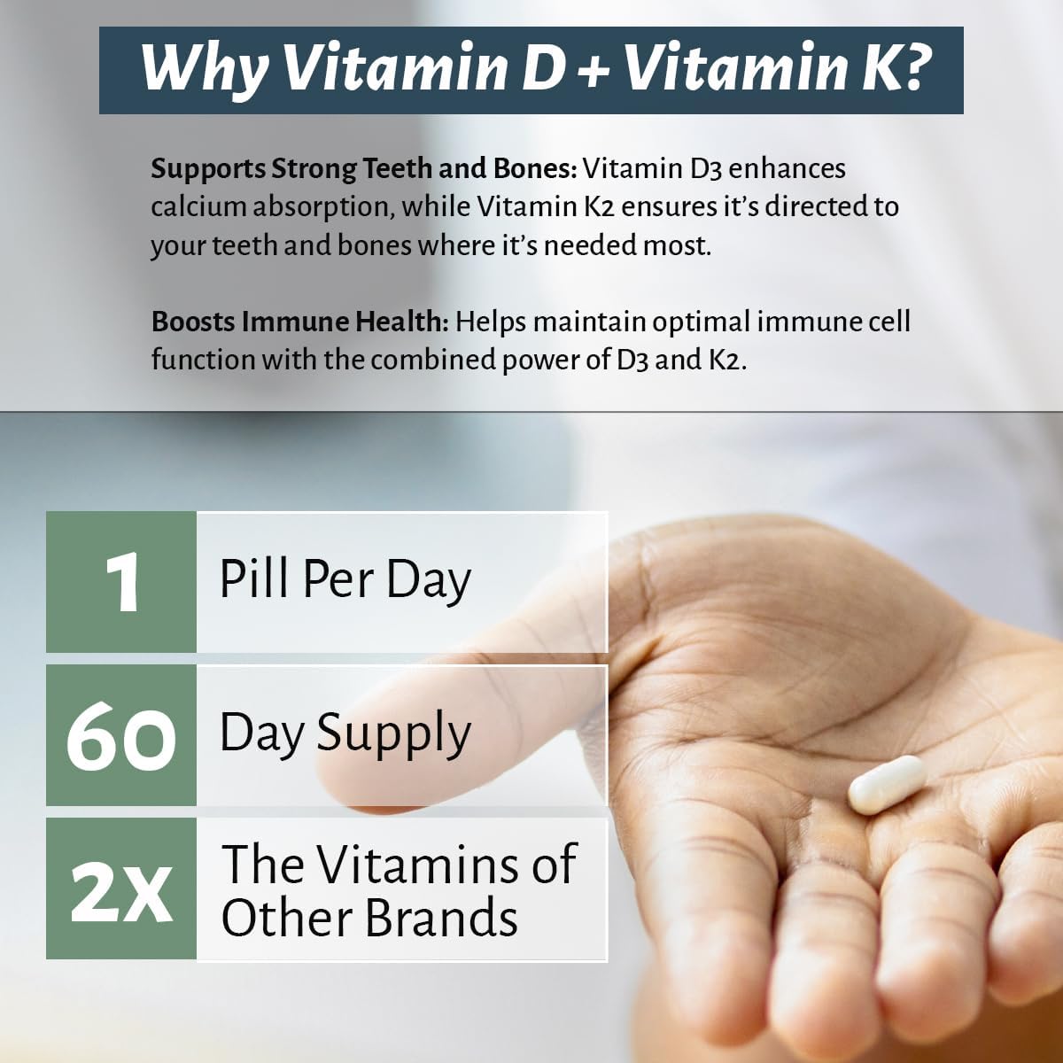 Vitamin D3 10,000 IU with K2 – Immune, Teeth, Bone Health Support, Non-GMO, Gluten & Dairy Free, 60 Day Supply, 60 Capsules