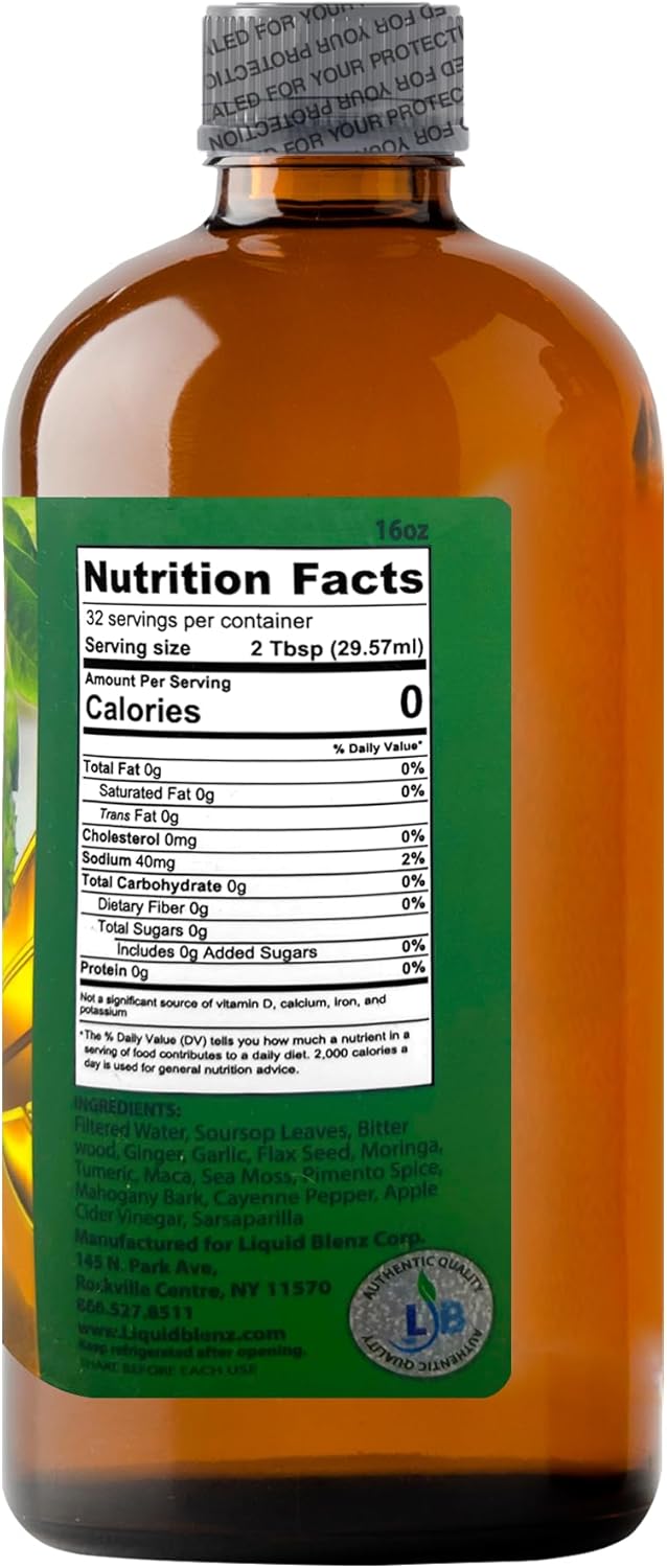 Liquid Blenz Pure Soursop Bitters with Moringa & Turmeric | Herbal Detox & Natural Energy Support | 16 fl oz