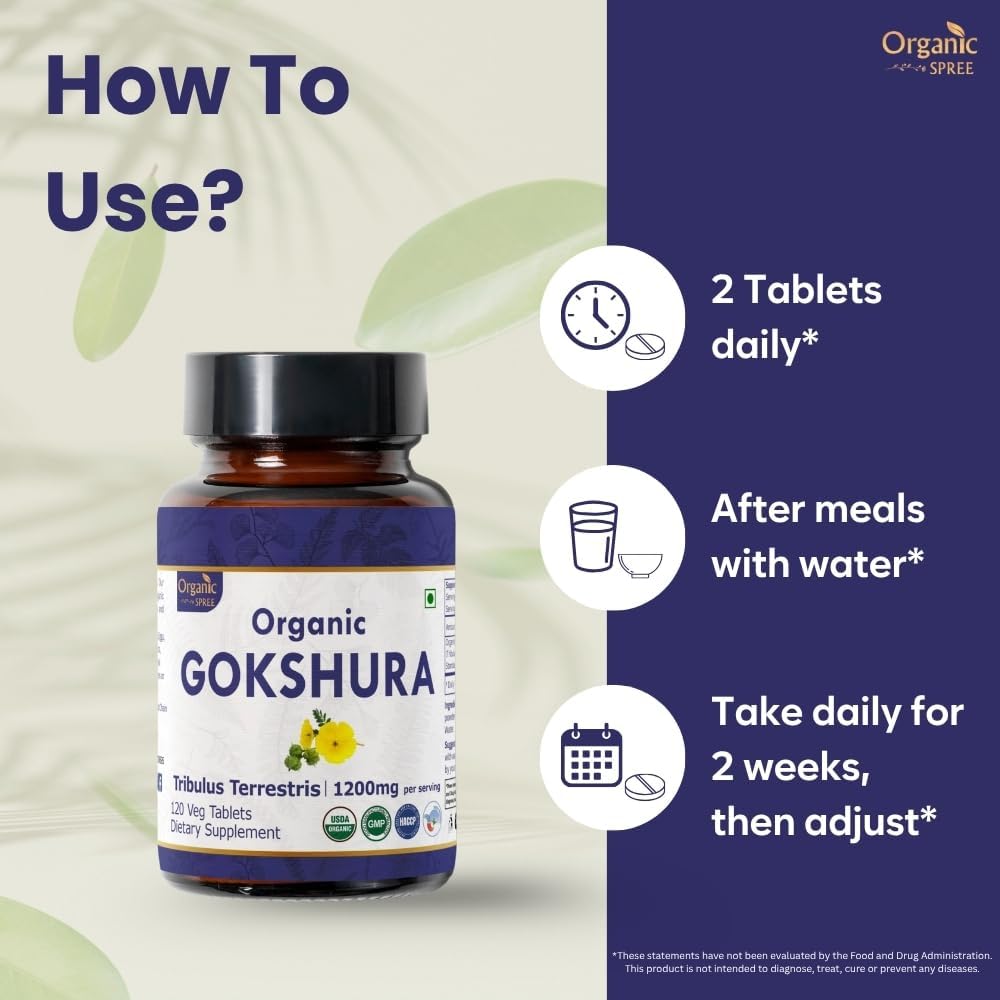 Gokshura 120 Tablets | Tribulus Terrestris (Gokshura) | USDA Organic Certified| Supports Immunity and Strength | Organic and Natural 120tab - Pack of 2
