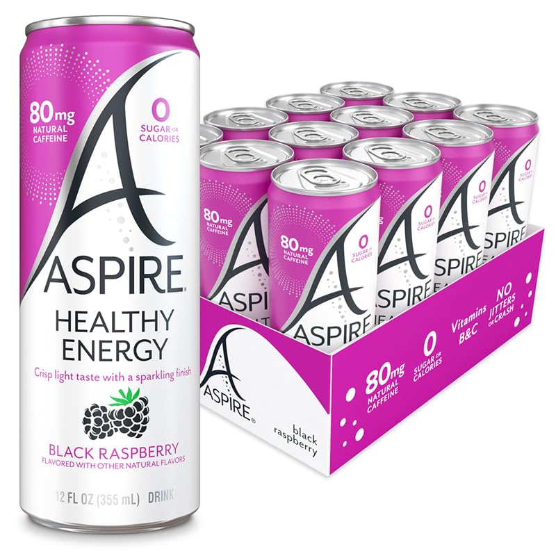 ASPIRE® Black Raspberry, Healthy Energy Drink 80mg Natural Caffeine, Zero Sugar No Carbs Keto Friendly, 12 Pack Green Tea Sugar Free Drink Low Caffeine Zero Calorie