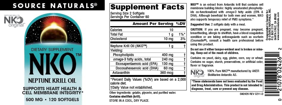 Source Naturals NKO Neptune Krill Oi, Supports Heart Health and Cell Membrane Integrity*, 500mg - 120 Softgels