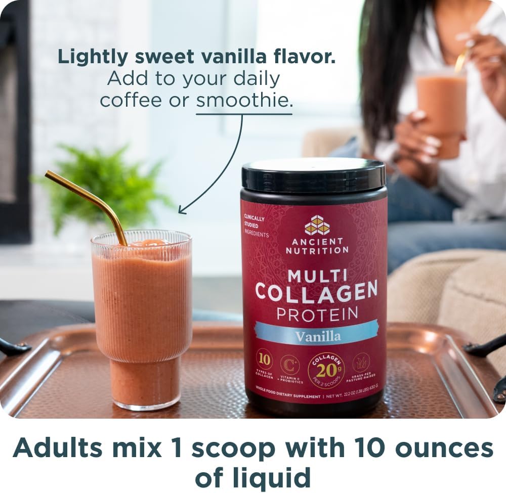 Ancient Nutrition Collagen Peptides Powder, Multi Collagen Protein, Women & Men, Vitamin C, Probiotics, Hydrolyzed Collagen, Supports Skin, Joints, Gut Health, Vanilla, 24 Servings
