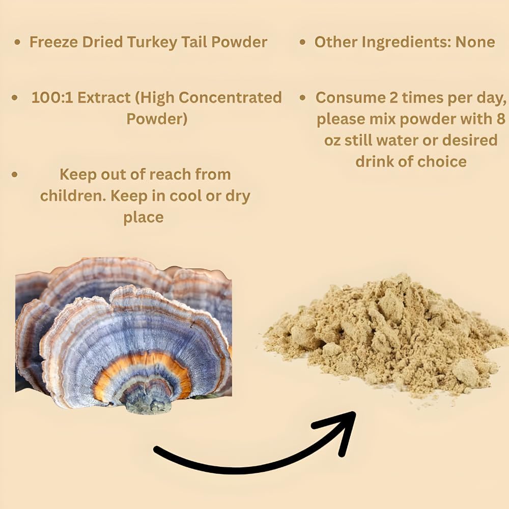 Organic Non-GMO Freeze Dried Turkey Tail Mushroom Powder (50:1 Extract), 16 Ounces | Freeze Dried Longer Shelf Life, Supports Immune Response & Cellular Level (16 OZ)
