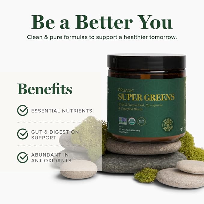 Global Healing Organic Super Greens Powder Blend - Greens Superfood Powder with 15 Raw Whole Sprouts - Delicious Green Juice Smoothie Mix for Daily Nutrition - Non-GMO, Gluten-Free Greens Supplements