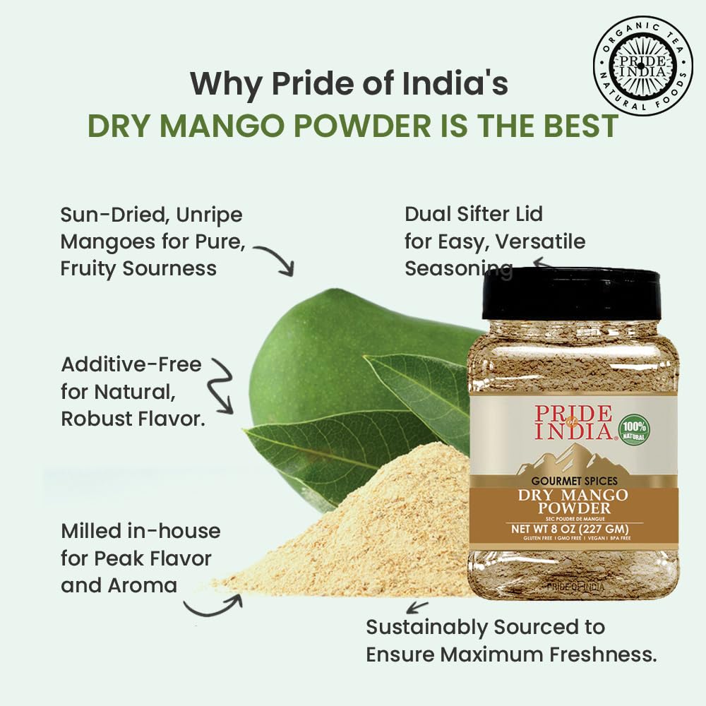 Pride of India Dry Mango Powder | Tangy Gourmet Indian Spice for Cooking | Authentic Amchur (Sour Mango) Seasoning | No Fillers or Artificial Colors | Dual-Sifter Jar - 8 oz