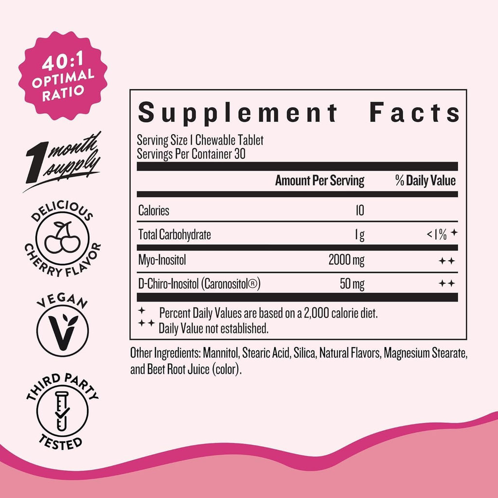 Legendairy Milk Pure Inositol Chewable Tablets - Myo-Inositol & D-Chiro Supplement for Hormonal Balance & Fertility Support - Ideal 40:1 Ratio - 30 Day Supply (Pack of 3)