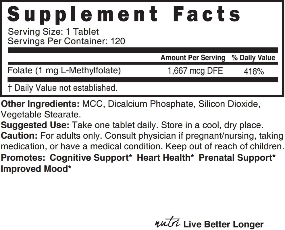 Nature's Fusions Nutri 5-MTHF L Methylfolate 1MG - 4 Month Supply, 120 Vegan Tablets - Methylated Folate Supplement - Cognitive Function, Heart Health, Prenatal Support - Methylated Folic Acid