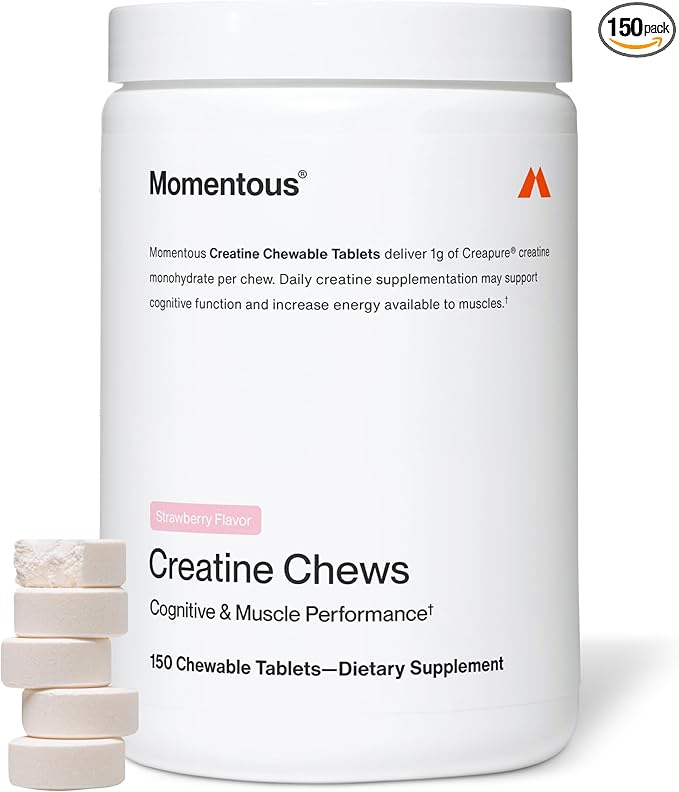 Momentous Creatine Chews - Creapure Creatine Monohydrate - Supports Strength, Lean Muscle, & Recovery for Men & Women - NSF Certified for Sport - 150 Chewable Tablets - Strawberry
