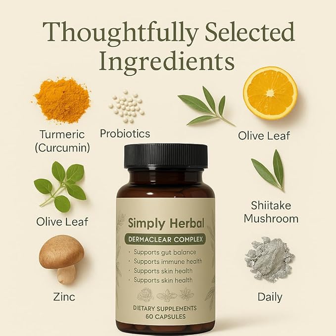 Simply Herbal– Daily Dietary Supplement for Skin & Immune Support, Natural Gut-Skin Balance Formula with Zinc, Vitamin C & Herbal Extracts – 60 Capsules