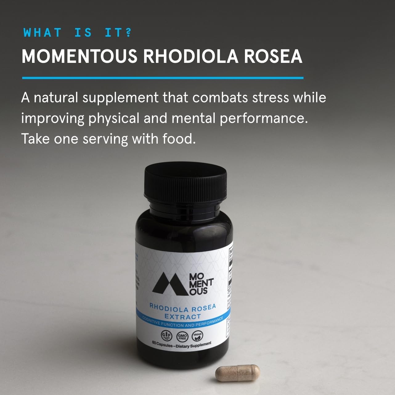 Momentous Rhodiola Rosea Supplement - Adaptogen Supplement for Cognition, Fatigue, & Stress Support - Rhodiola Rosea Root Extract - NSF Certified for Sport - GMO- & Gluten-Free - Vegan - 60 Servings