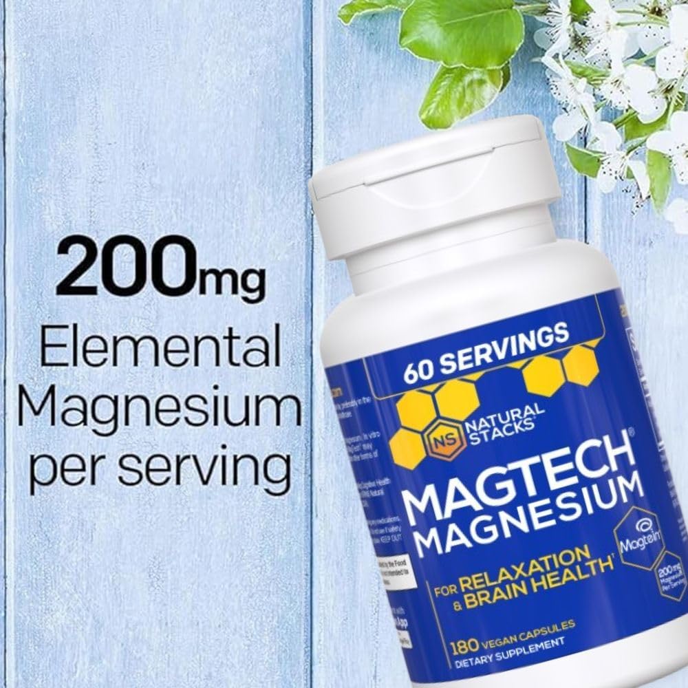 MagTech Magnesium Supplement - 3 Forms of Magnesium: Magtein L-Threonate, Glycinate & Taurate - 200mg Chelated Magnesium Complex - Supports Relaxation & Brain Health - 180 Capsules