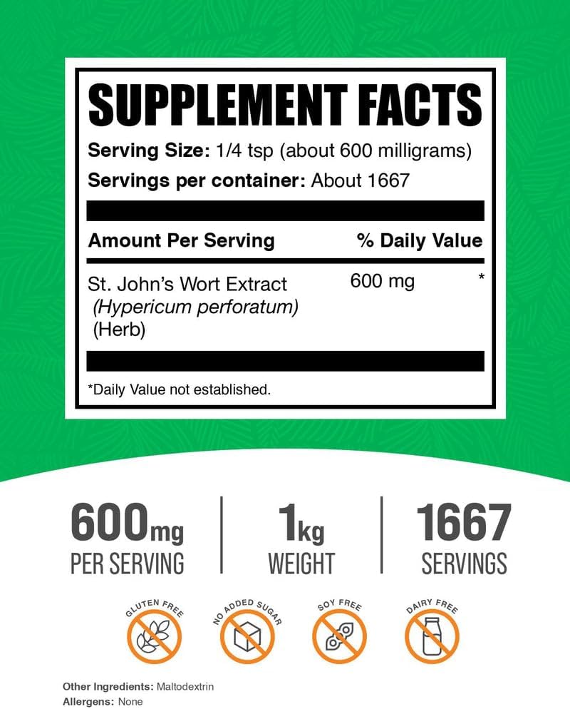 BulkSupplements.com St. John's Wort Extract - St. Johns Wort Supplement, Herbal Supplement for Mood - Vegan & Gluten Free, 600mg per Serving, 1kg (2.2 lbs) (Pack of 1)