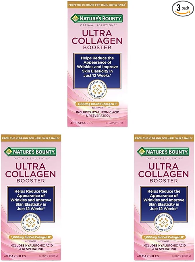 Nature's Bounty Optimal Solutions Ultra Collagen Booster for Healthy-Aging Supplement, Resveratrol, Hyaluronic Acid – Collagen Capsules for Women, 48 Capsules (Pack of 3)