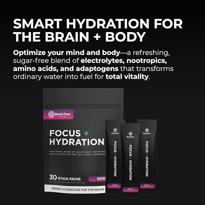 BrainTree Nutrition - Focus + Hydration - Electrolyte Drink Mix - Total Body Hydration - Supports Cognitive Function, Energy & Muscle Recovery - Sugar Free - Berry - 30 Stick Packs