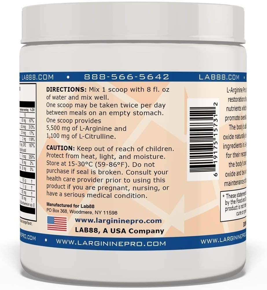 L-ARGININE PRO | 5,500mg L-Arginine Plus L-Citrulline 1,100mg Orange Powder Drink Mix Supplement for Increased Nitric Oxide Production