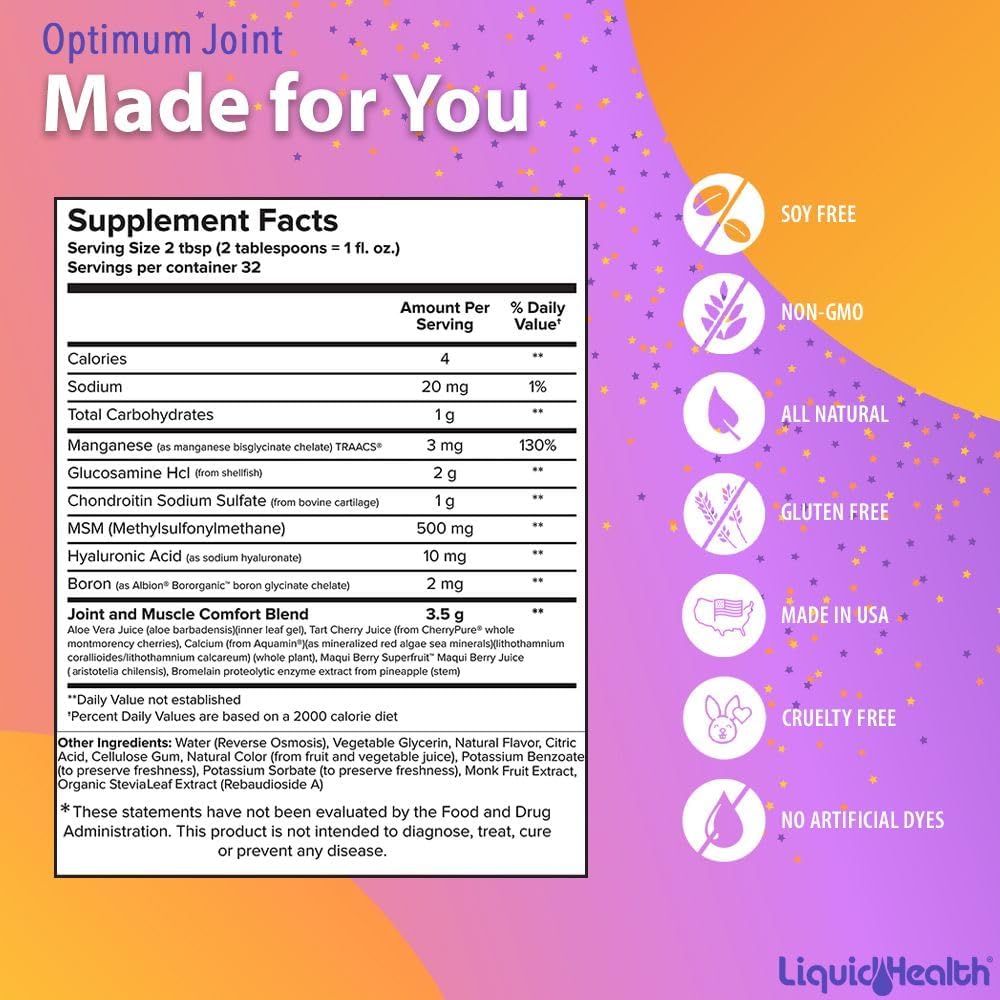 LIQUIDHEALTH Optimum Joint Support Liquid Multivitamin with Glucosamine, Chondroitin, MSM, Hyaluronic Acid - Increase Mobility, Joint Comfort, for Runners & Athletes - Made in USA, Vegan (2 Pack)