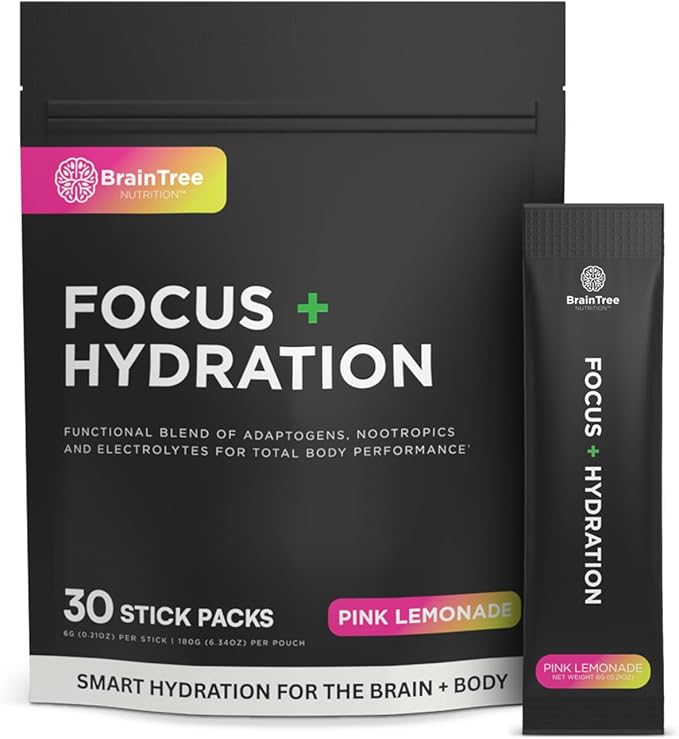 BrainTree Nutrition - Focus + Hydration - Electrolyte Drink Mix - Total Body Hydration - Supports Cognitive Function, Energy & Muscle Recovery - Sugar Free - Pink Lemonade - 30 Stick Packs