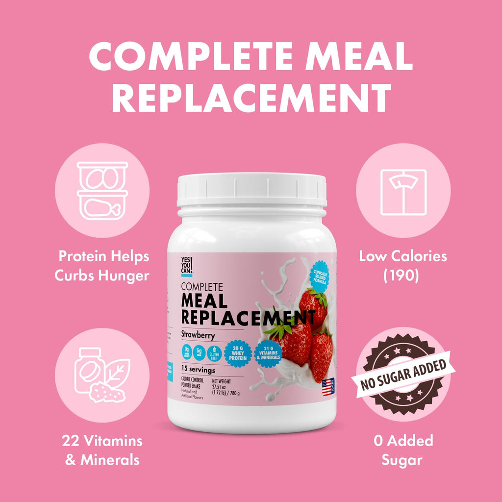 Yes You Can! Meal Replacement Shake - 20G Protein, 5G Fiber, 21 Vitamins & Minerals - Meal Replacement Protein Powder - Complete All-in-One Nutrition - 15 Servings (Strawberry)