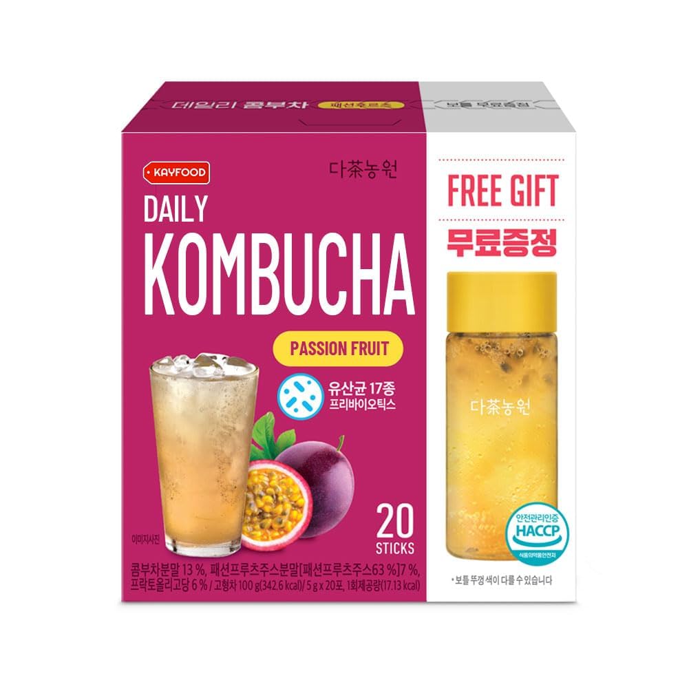 KAYFOOD-Kombucha-Passionfruit-Garden-Daily 20 Sticks with Gift Bottle Zero Sugar, Diet, Gut Healthy Sparkling Beverage, Fermented Korean Drinks for Iced, Hot, Workout Tea 3.52oz (100g)