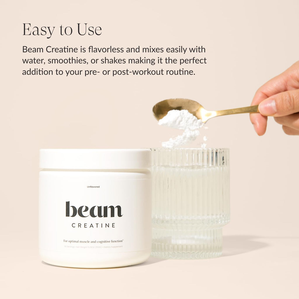Beam Creatine Monohydrate Powder - Micronized Creatine for Muscle Growth, Strength, Endurance & Recovery - Unflavored, Fast-Dissolving, Workout Supplement for Men & Women, Keto & Vegan - 60 Servings