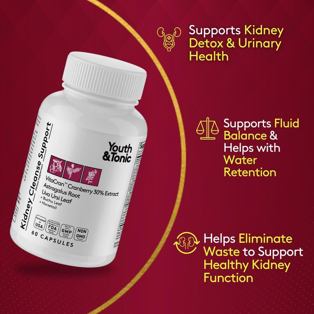 Youth & Tonic Kidney Cleanse Detox for Residual Metabolic Waste & Excess Body Water for Urinary Tract & Bladder Health 60 Capsules